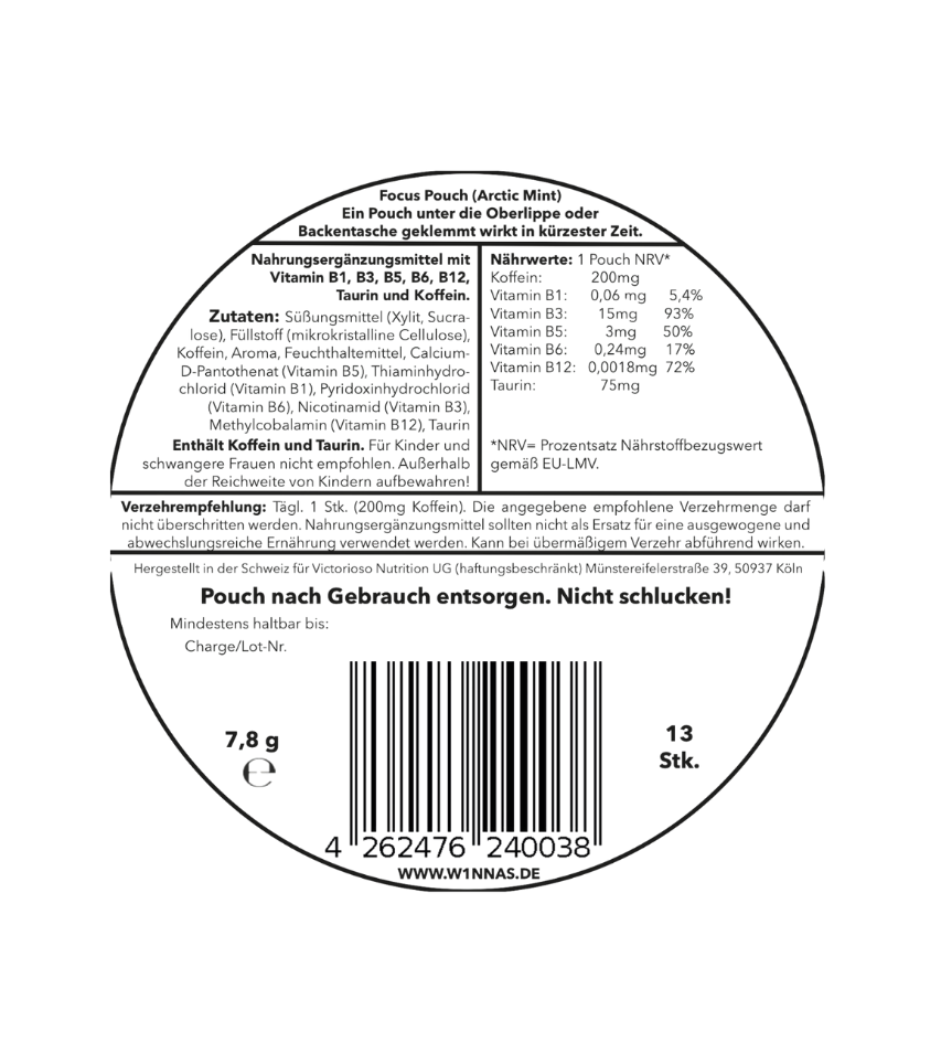 Rückseite der W1NNAS Performance Pouches Cherry Mint Dose mit Inhaltsstoffen und Nährwertangaben