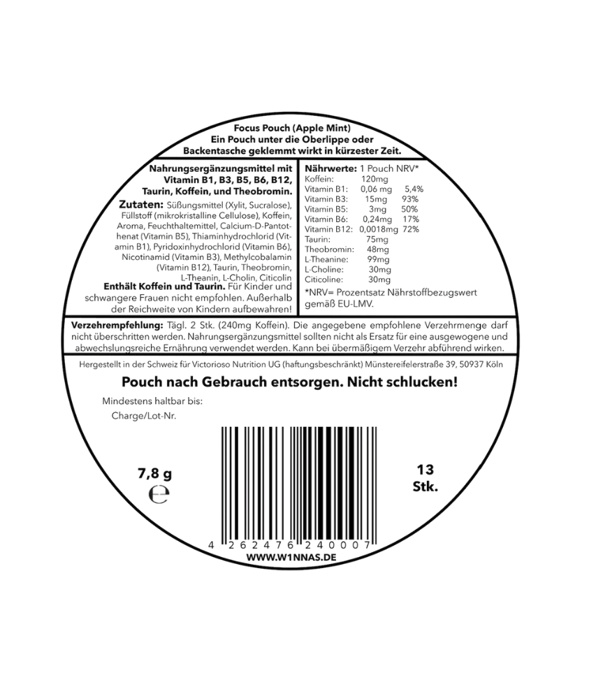 Rückseite der W1NNAS Performance Pouches Apple Mint Dose mit Inhaltsstoffen und Nährwertangaben