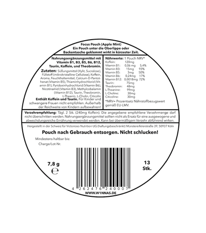 Rückseite der W1NNAS Performance Pouches Apple Mint Dose mit Inhaltsstoffen und Nährwertangaben
