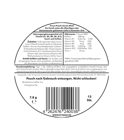 Rückseite der W1NNAS Performance Pouches Cherry Mint Dose mit Inhaltsstoffen und Nährwertangaben