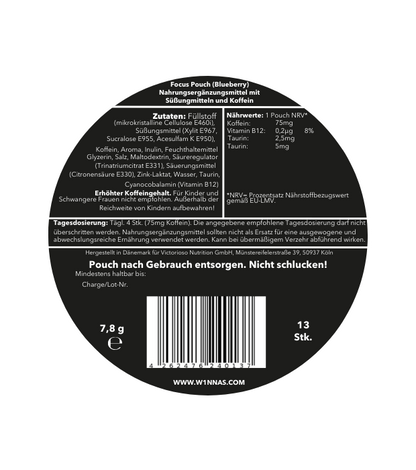 Rückseite der W1NNAS Performance Pouches Blueberry Light Dose mit Inhaltsstoffen und Nährwertangaben