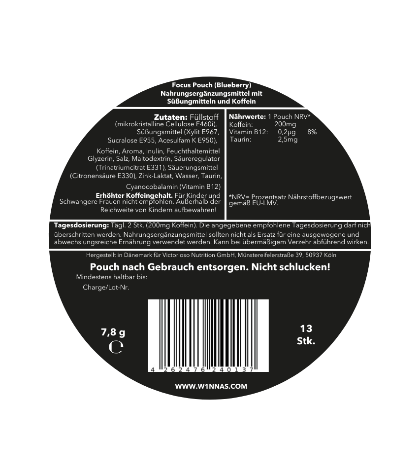 Rückseite der W1NNAS Performance Pouches Blueberry Strong Dose mit Inhaltsstoffen und Nährwertangaben