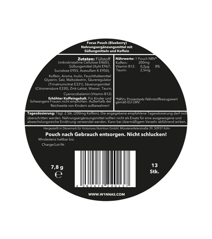 Rückseite der W1NNAS Performance Pouches Blueberry Strong Dose mit Inhaltsstoffen und Nährwertangaben