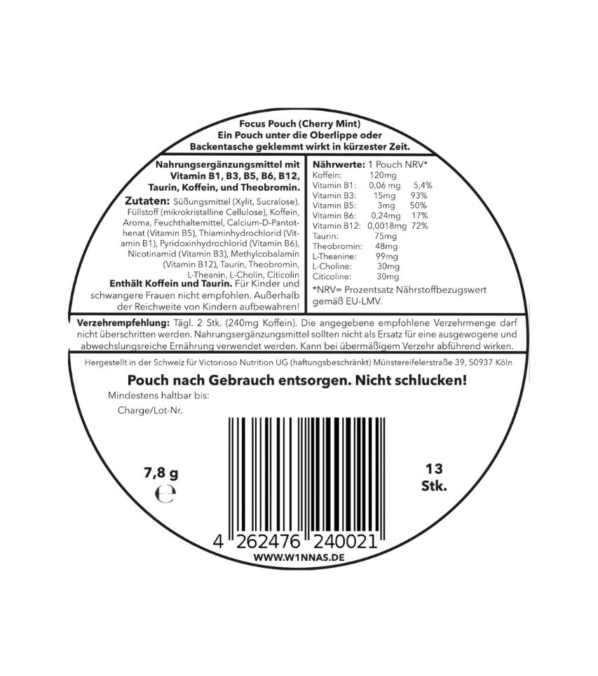 Rückseite der W1NNAS Performance Pouches Cherry Mint Dose mit Inhaltsstoffen und Nährwertangaben