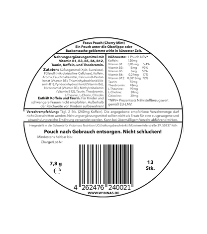 Rückseite der W1NNAS Performance Pouches Cherry Mint Dose mit Inhaltsstoffen und Nährwertangaben