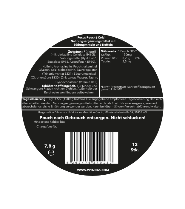 Rückseite der W1NNAS Performance Pouches Cola Strong Dose mit Inhaltsstoffen und Nährwertangaben