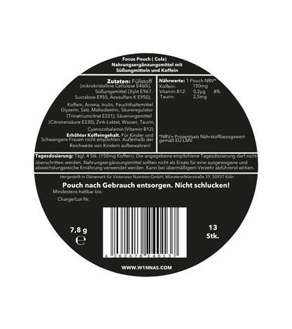 Rückseite der W1NNAS Performance Pouches Cola Strong Dose mit Inhaltsstoffen und Nährwertangaben