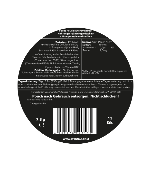 Rückseite der W1NNAS Performance Pouches Energy Drink Dose mit Inhaltsstoffen und Nährwertangaben