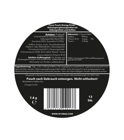 Rückseite der W1NNAS Performance Pouches Energy Drink Dose mit Inhaltsstoffen und Nährwertangaben