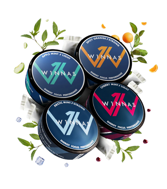 W1NNAS Performance Pouches Starter Pack mit 4 W1NNAS. Arctic Mint, Cherry Mint, Spicy Orange & Apple Mint