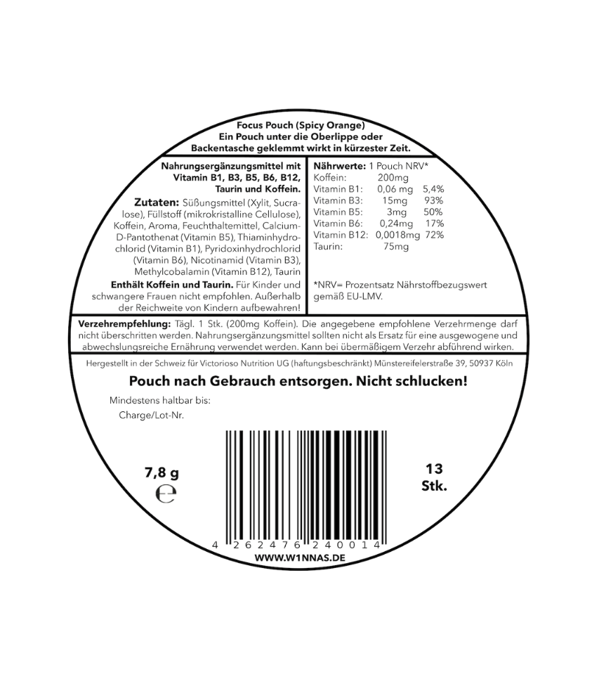 Rückseite der W1NNAS Performance Pouches Spicy Orange Dose mit Inhaltsstoffen und Nährwertangaben