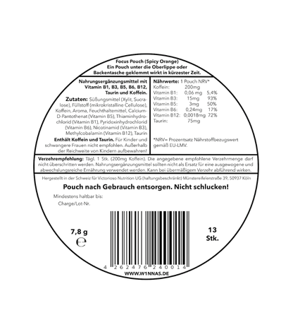 Rückseite der W1NNAS Performance Pouches Spicy Orange Dose mit Inhaltsstoffen und Nährwertangaben